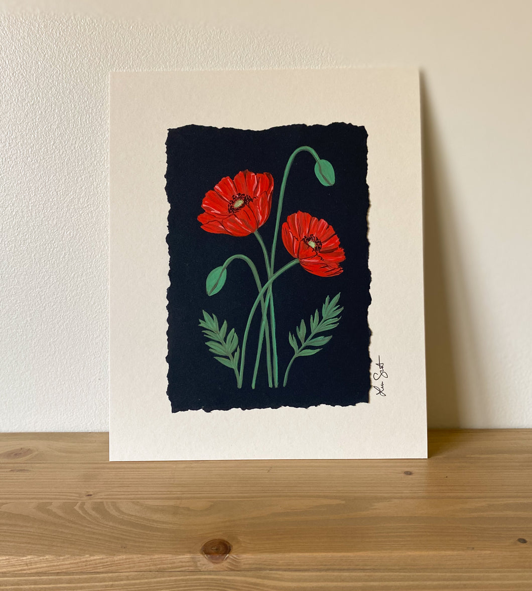 Hand-painted Red Poppies in Gouache with Hand Torn Edge