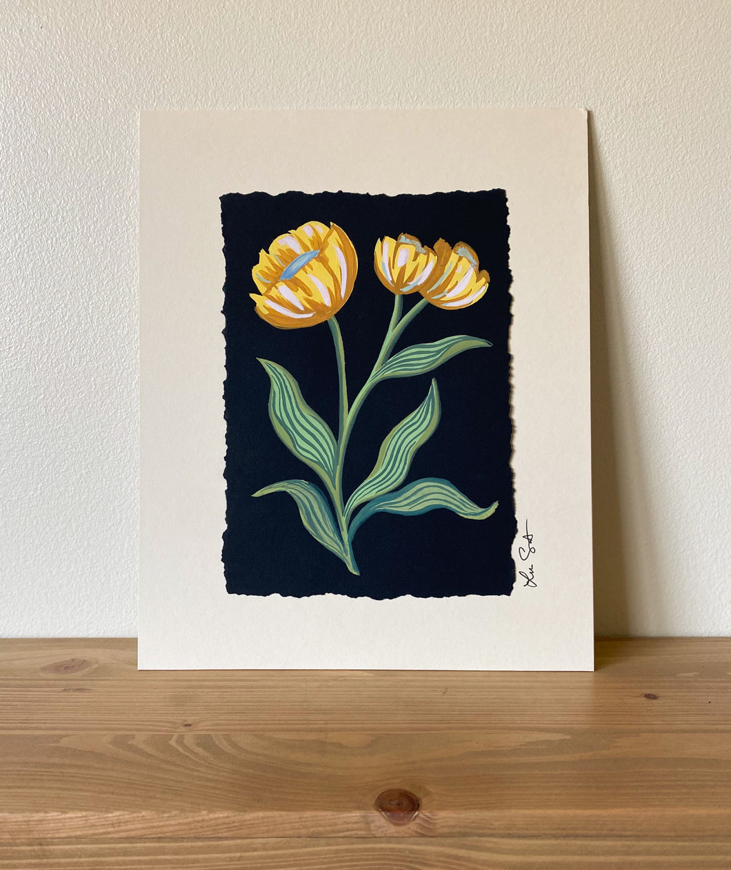 Hand-painted Golden Flowers in Gouache with Hand Torn Edge