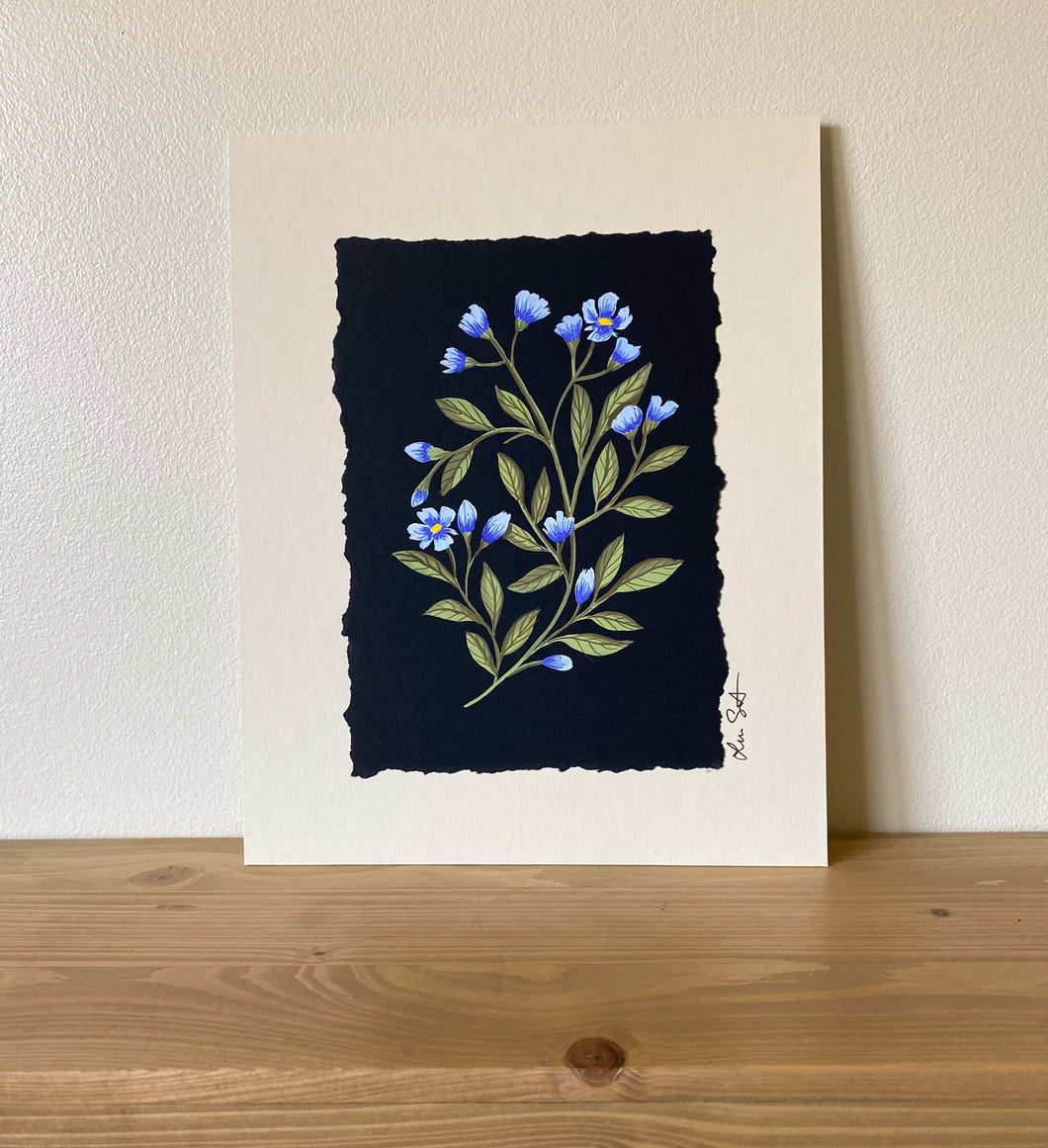 Hand-painted Tiny Pale Blue Wildflowers in Gouache with Hand Torn Edge